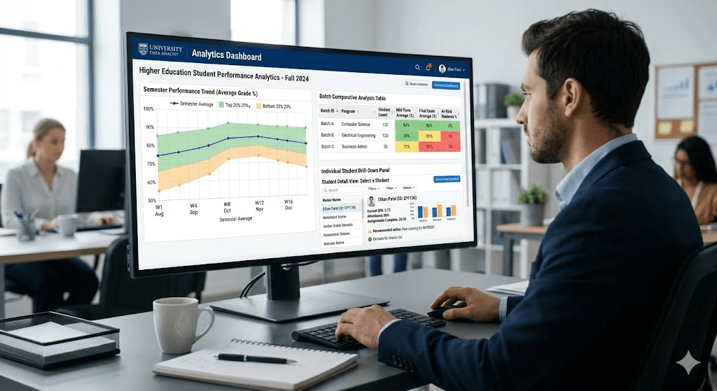 NMIMS analytics dashboard showing student performance trends, batch comparisons, and department-level academic health indicators