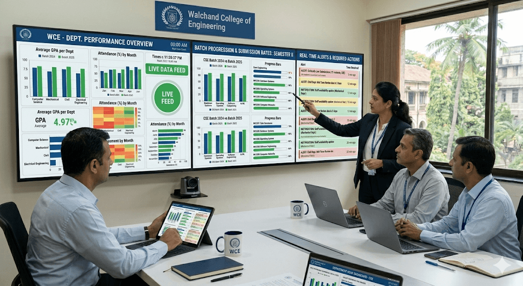Walchand College department head dashboard showing cross-batch performance comparisons and real-time academic tracking panels