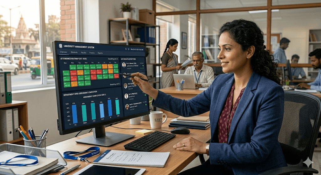 DYPCET admin dashboard showing live attendance heatmap and department-wise assignment completion rates