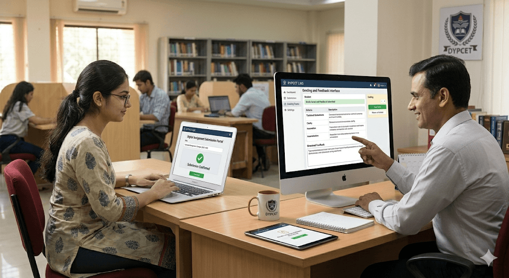 DYPCET student portal showing assignment submission interface and faculty feedback panel on desktop and mobile