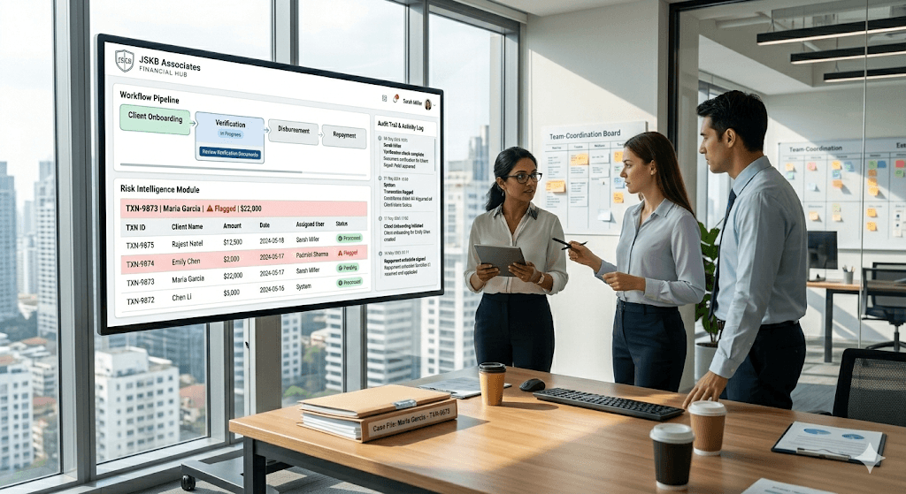 Graphic Eye ERP finance module showing automated invoice generation, project-wise profitability breakdown, and monthly revenue analytics dashboard